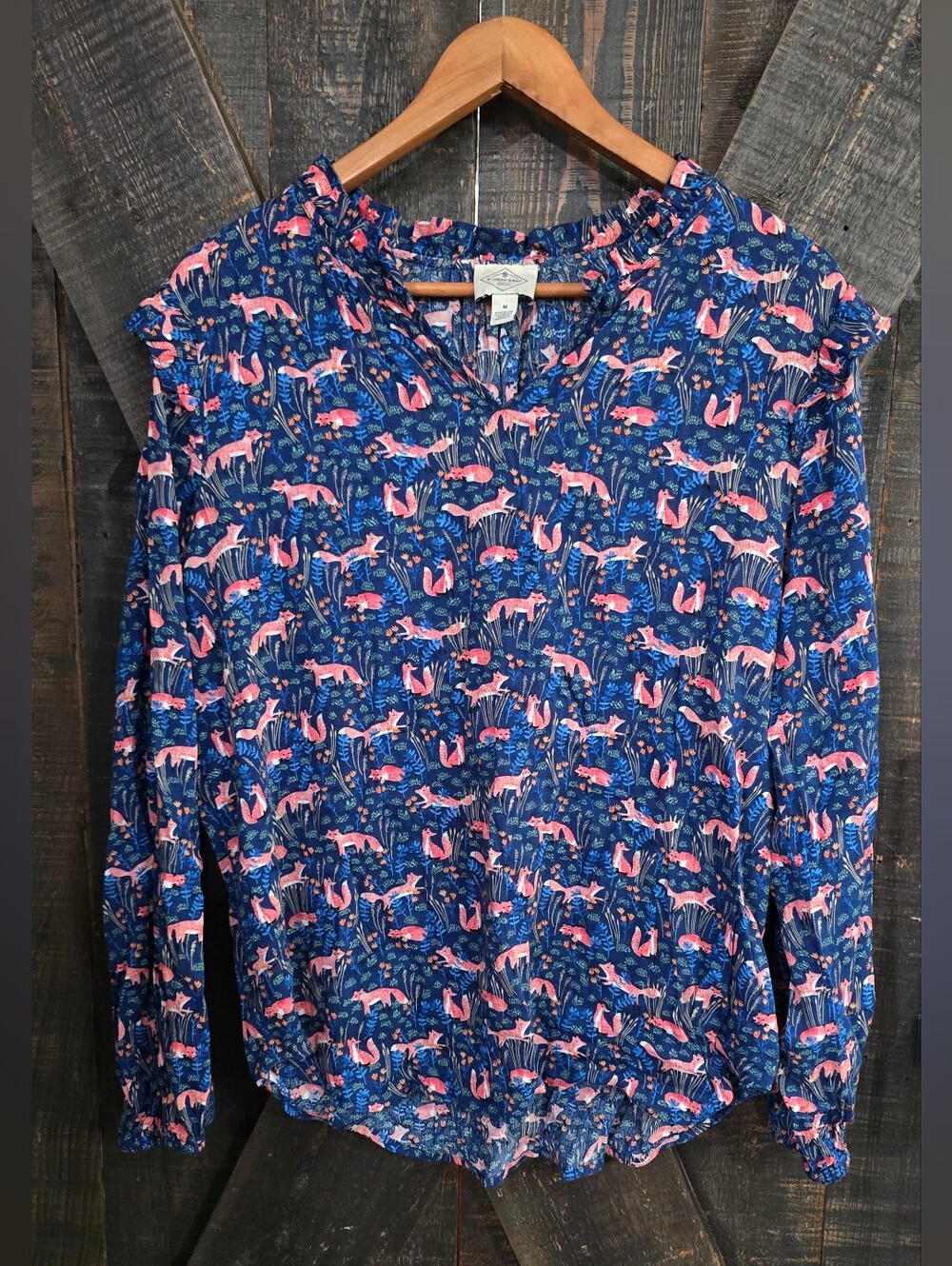 St. Johns Bay Navy Long-Sleeve Fox & Floral Print Top Medium